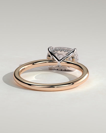 Frida - Elongated Cushion East West Claw Solitaire with Hidden Halo Engagement Ring - Rose Two-Tone