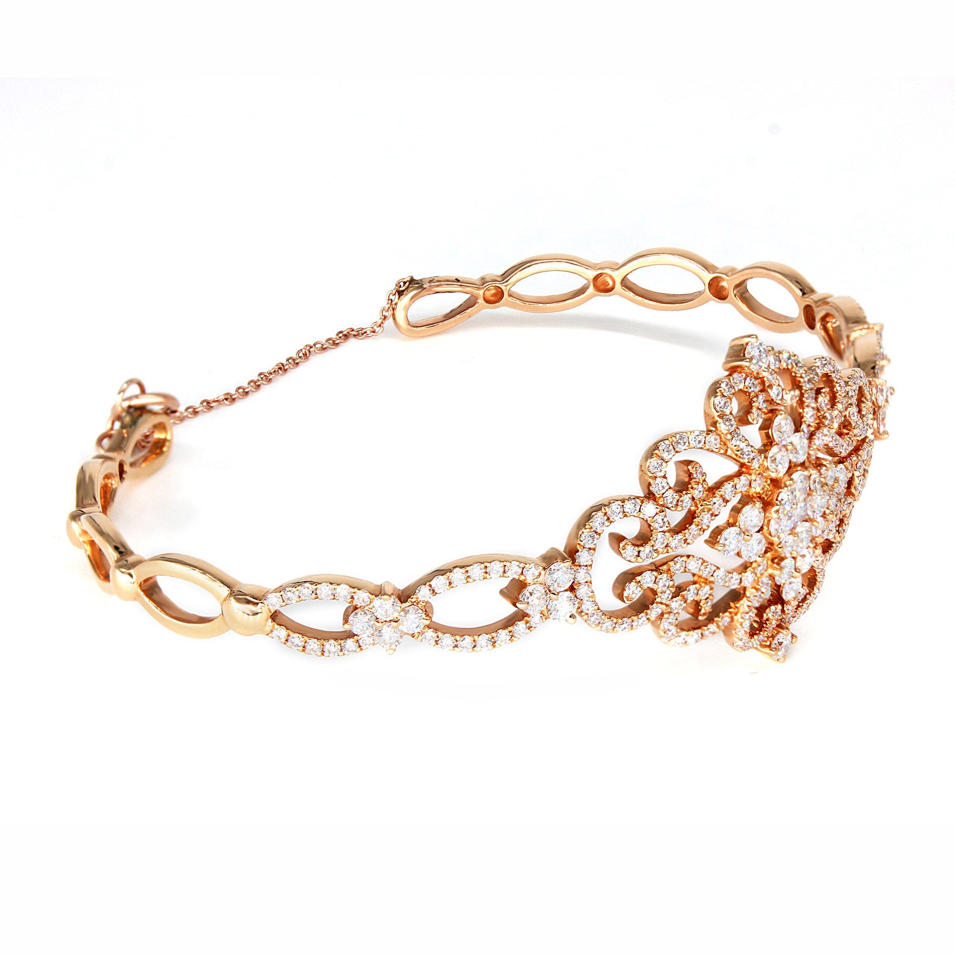 1.95ctw Diamond Vintage Cuff Bracelet With Security Chain - 14K Rose Gold