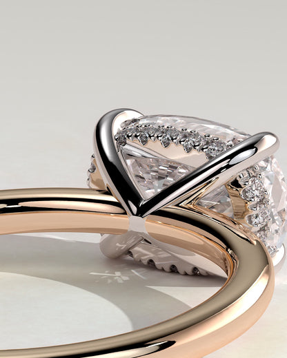 Frida - Elongated Cushion East West Claw Solitaire with Hidden Halo Engagement Ring - Rose Two-Tone