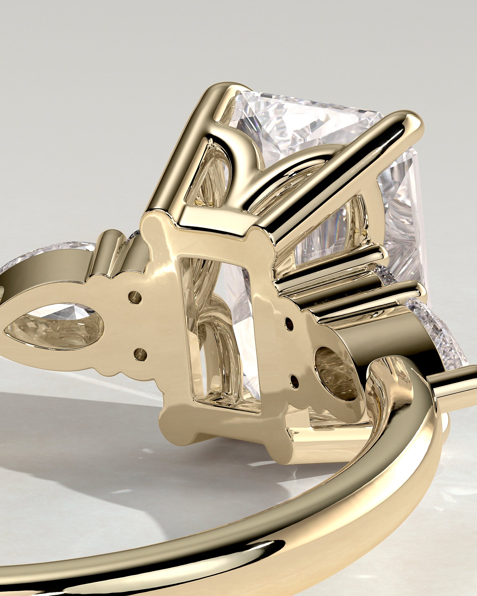 Heidi - Radiant Claw Solitaire with Pear Accents and Round Shoulder Stones Engagement Ring - Yellow Gold - Yellow Gold 2ct
