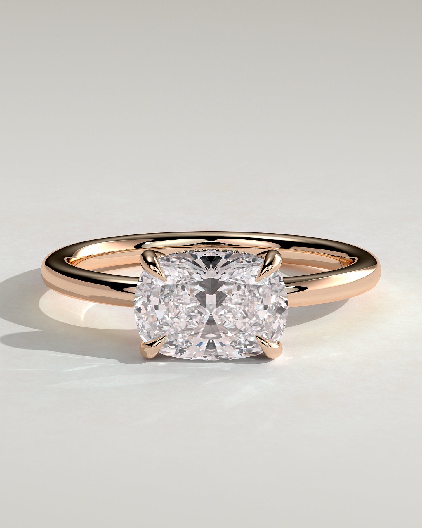 Frida - Elongated Cushion East West Claw Solitaire with Hidden Halo Engagement Ring - Rose Gold - Rose Gold 2ct
