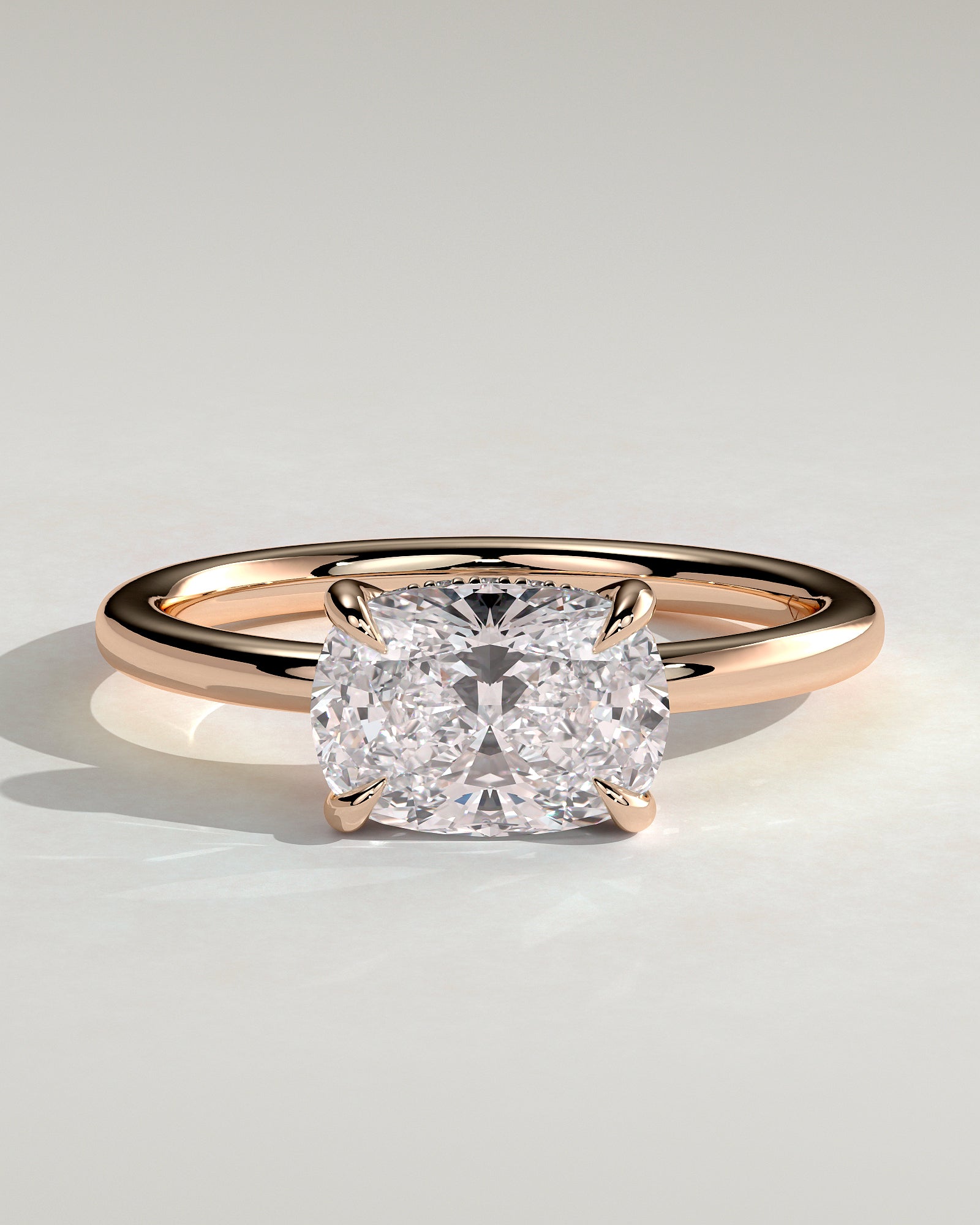 Frida - Elongated Cushion East West Claw Solitaire with Hidden Halo Engagement Ring - Rose Gold - Rose Gold 2ct