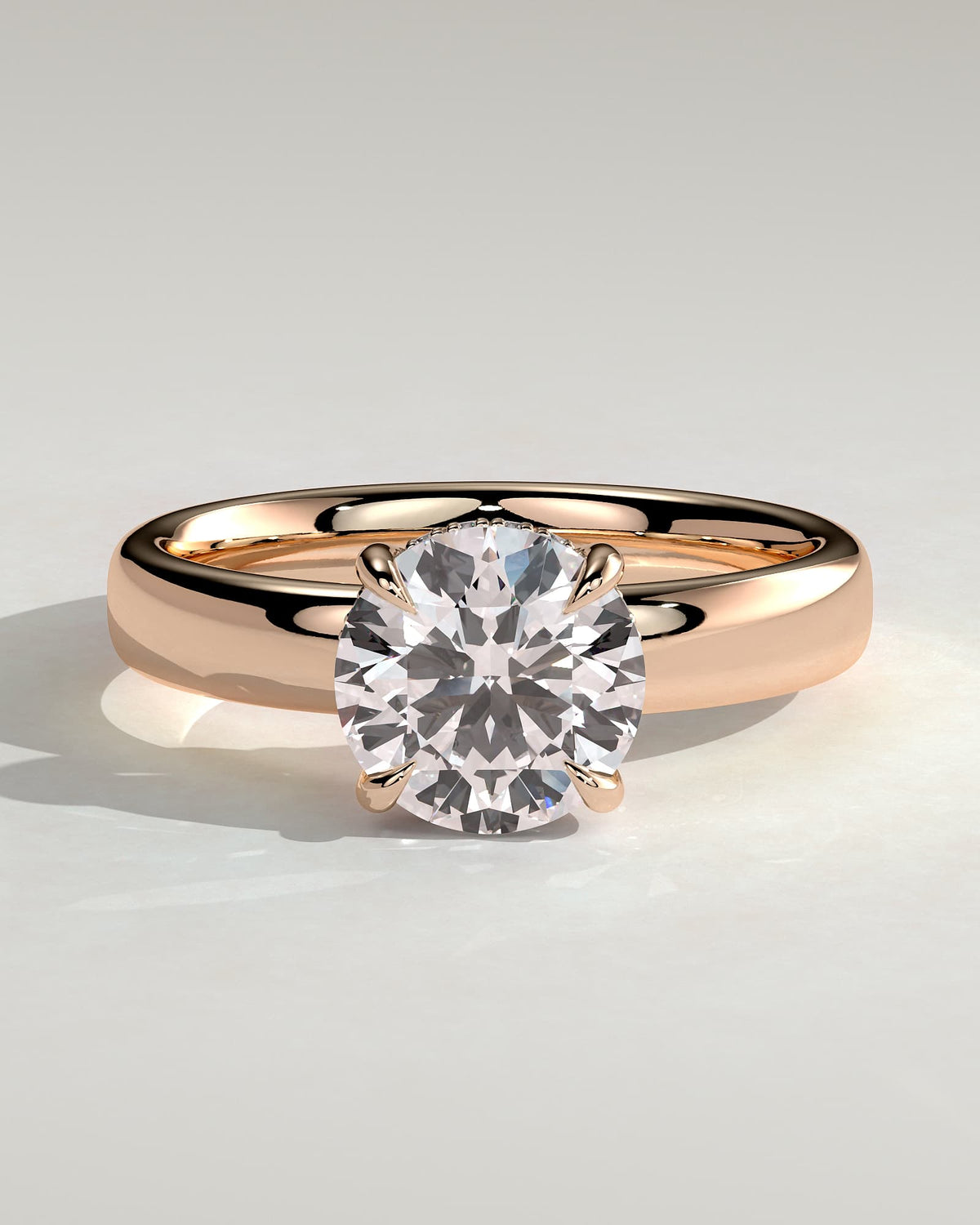 Kylie - Statement Round Claw Solitaire with Cigar Band and Hidden Halo Engagement Ring - Rose Gold