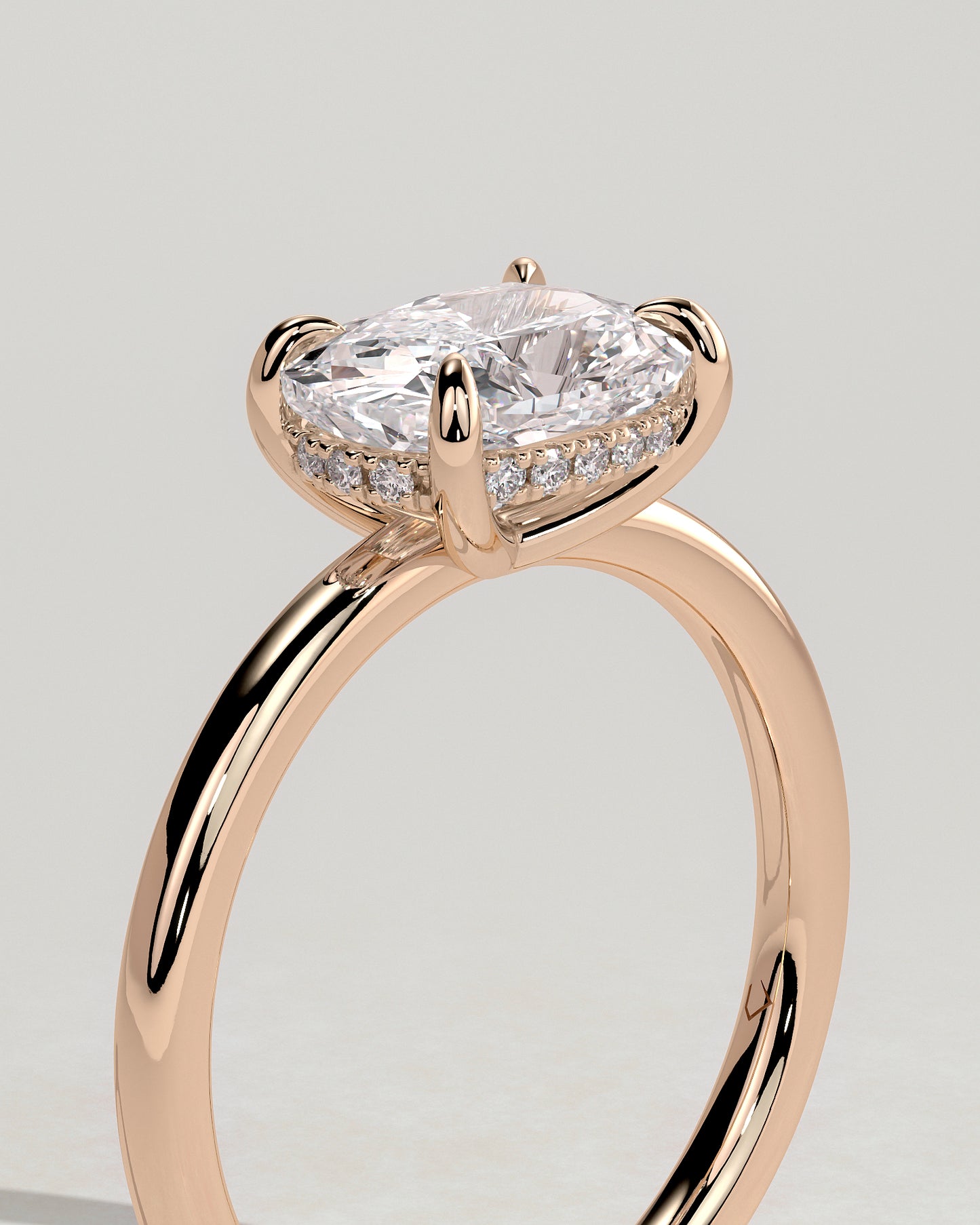 Frida - Elongated Cushion East West Claw Solitaire with Hidden Halo Engagement Ring - Rose Gold - Rose Gold 2ct