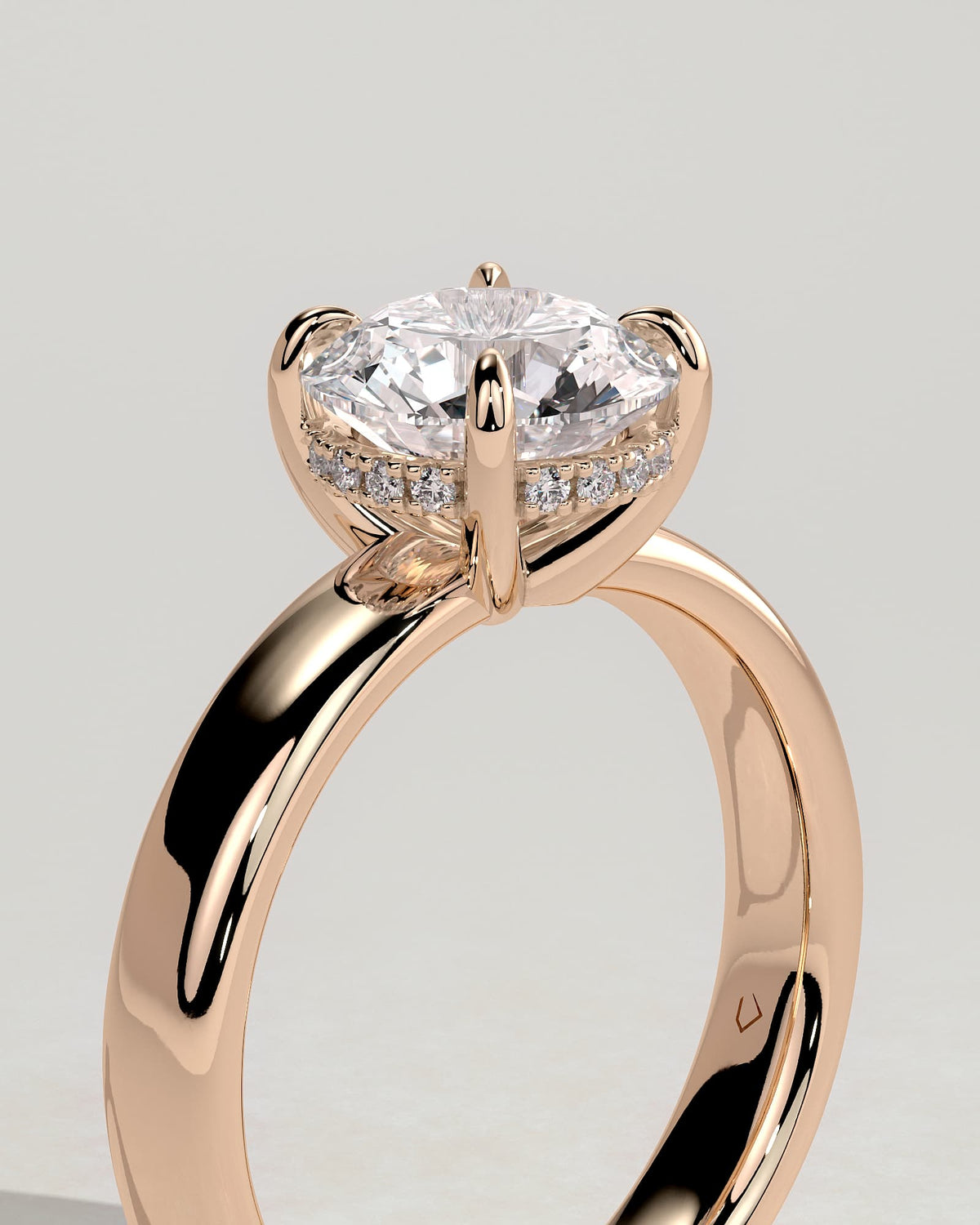 Kylie - Statement Round Claw Solitaire with Cigar Band and Hidden Halo Engagement Ring - Rose Gold