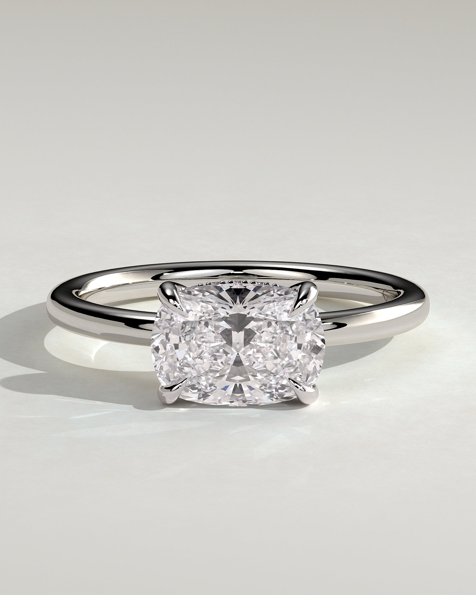Frida - Elongated Cushion East West Claw Solitaire with Hidden Halo Engagement Ring - Platinum - White Gold / Platinum 2ct
