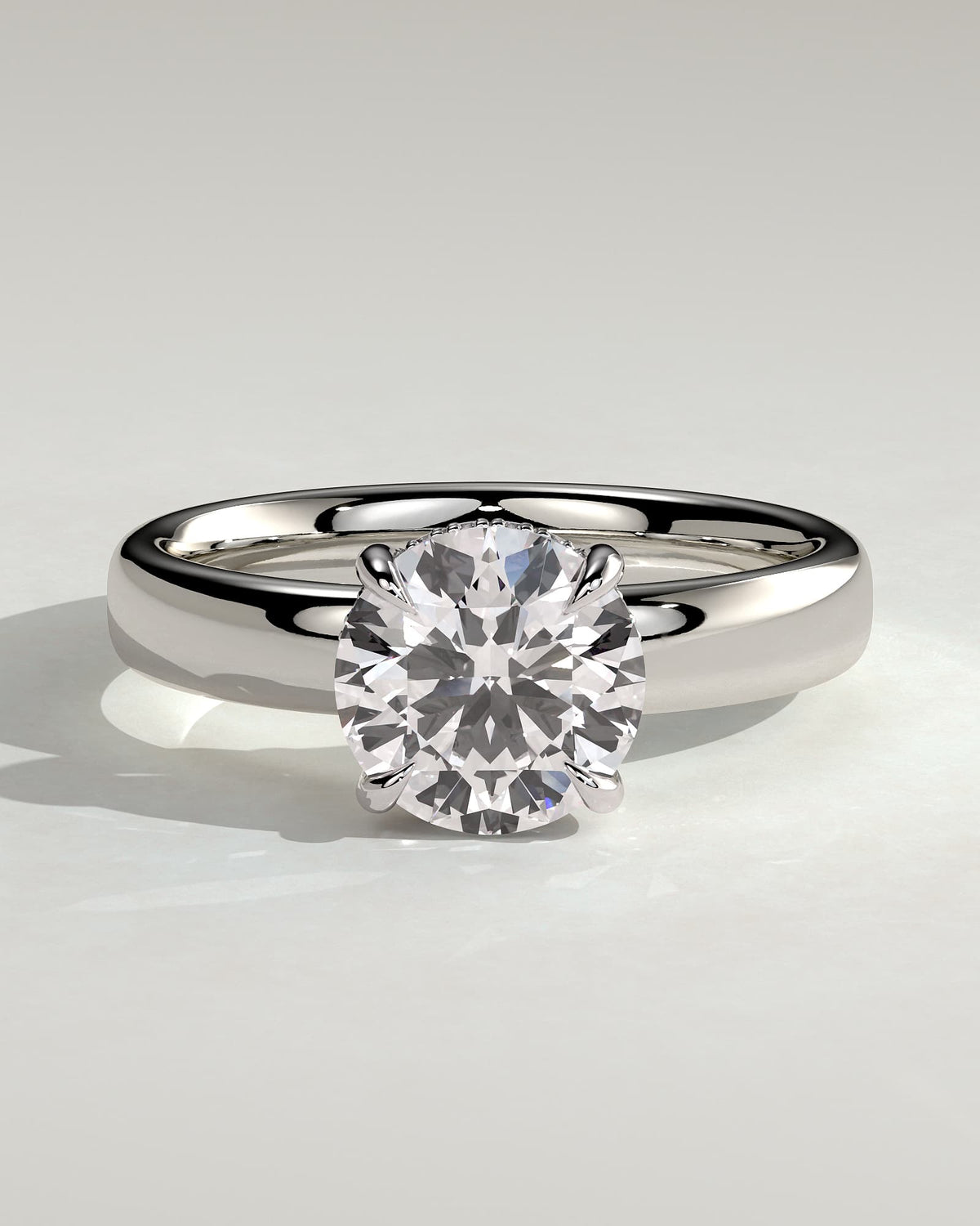 Kylie - Statement Round Claw Solitaire with Cigar Band and Hidden Halo Engagement Ring - White Gold