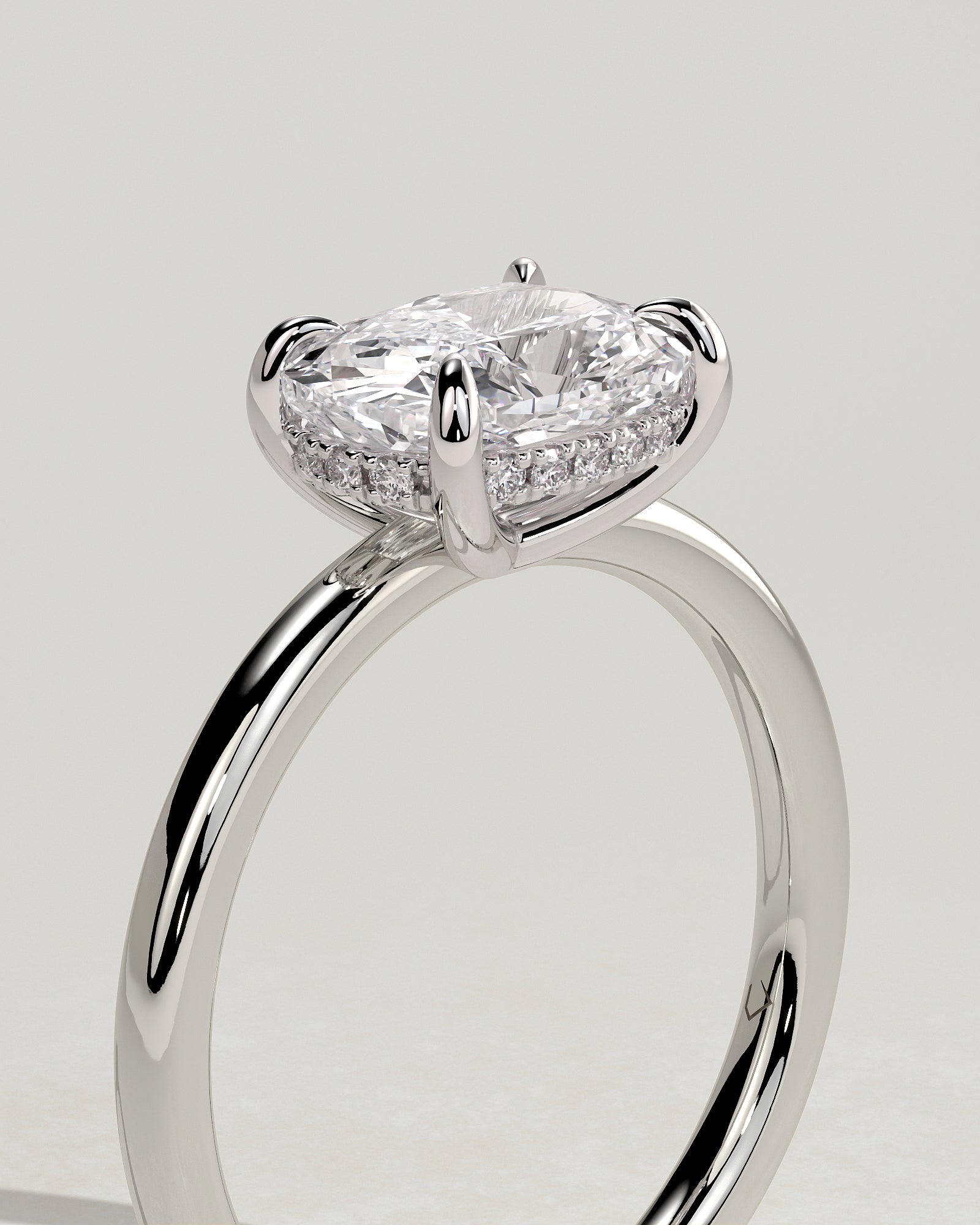 Frida - Elongated Cushion East West Claw Solitaire with Hidden Halo Engagement Ring - Platinum - White Gold / Platinum 2ct