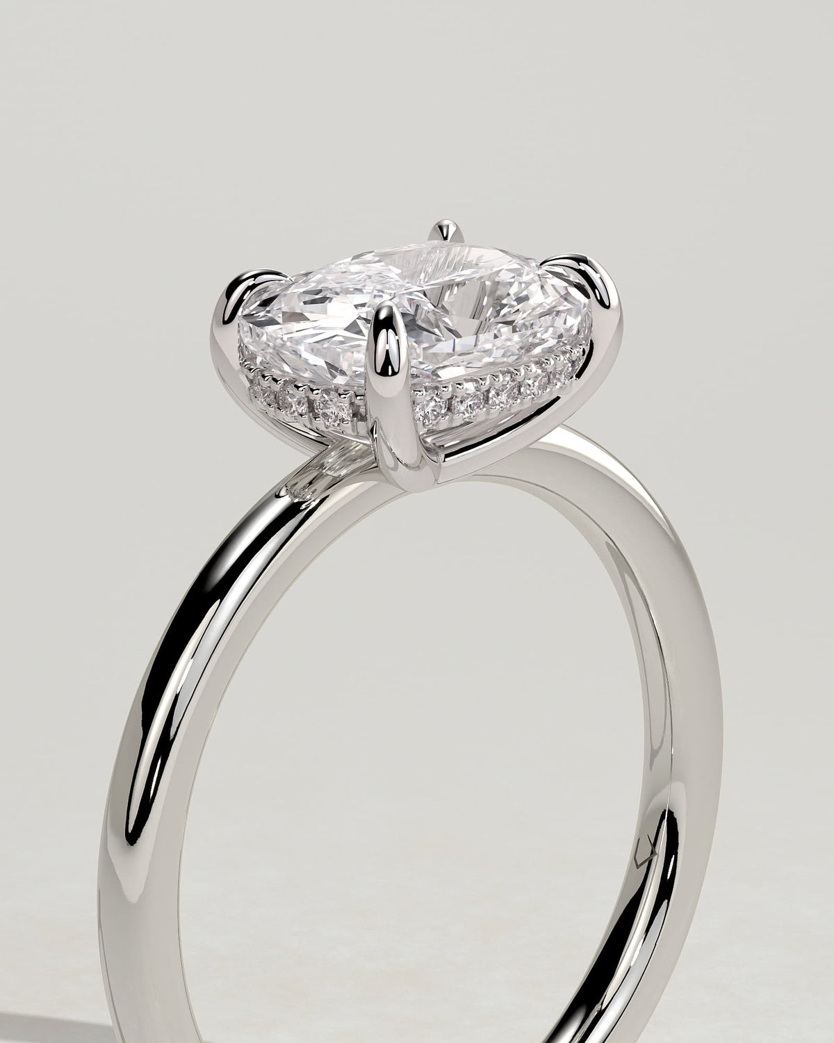 Frida - Elongated Cushion East West Claw Solitaire with Hidden Halo Engagement Ring - White Gold