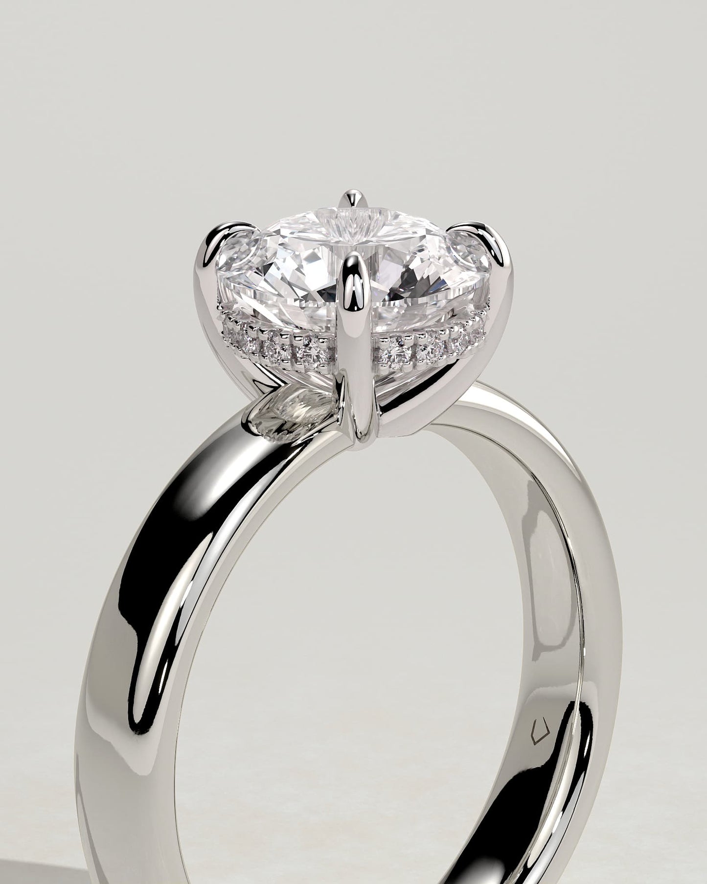 Kylie - Statement Round Claw Solitaire with Cigar Band and Hidden Halo Engagement Ring - White Gold