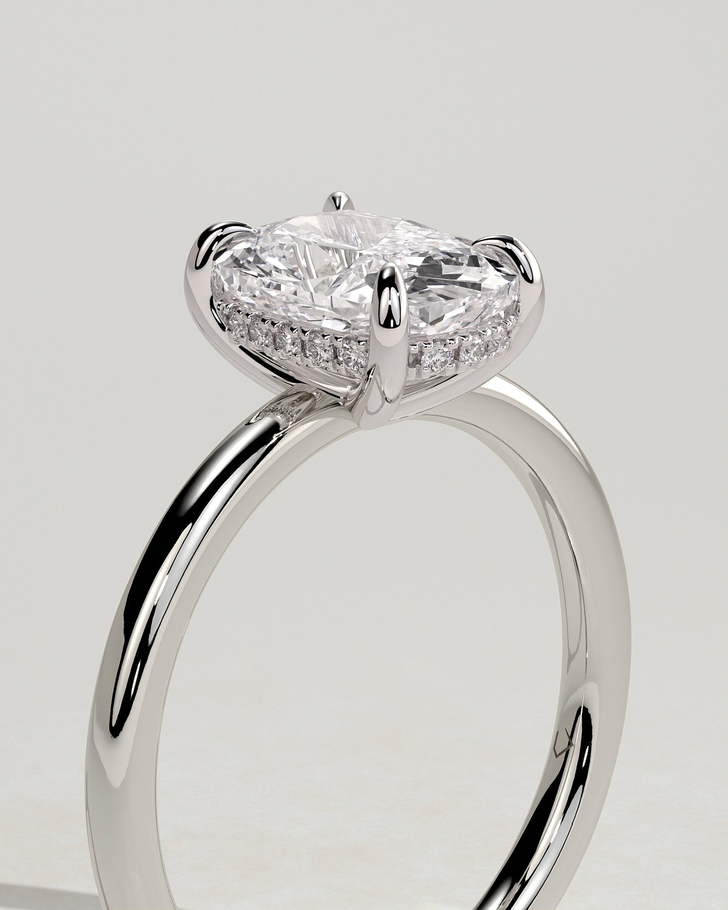 Ava - Elongated Cushion Claw Solitaire with Hidden Halo Engagement Ring - Platinum - White Gold / Platinum 2ct