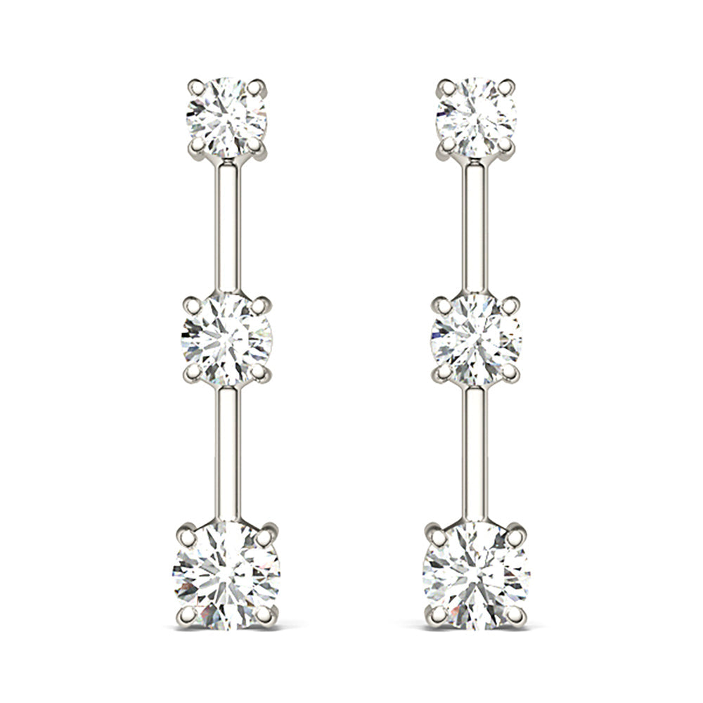 1.00 ctw Diamond Three Stone Drop Earrings - 18K White Gold