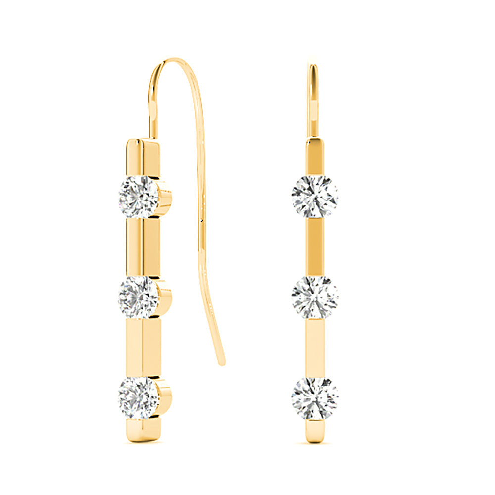 1.00 ctw Bar Set Diamond Three Stone Drop Earrings - 18K Rose Gold