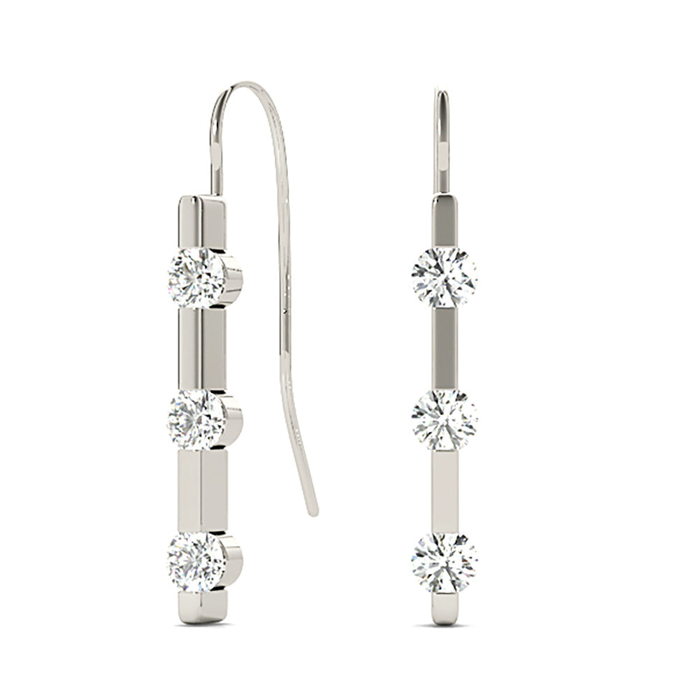 1.00 ctw Bar Set Diamond Three Stone Drop Earrings