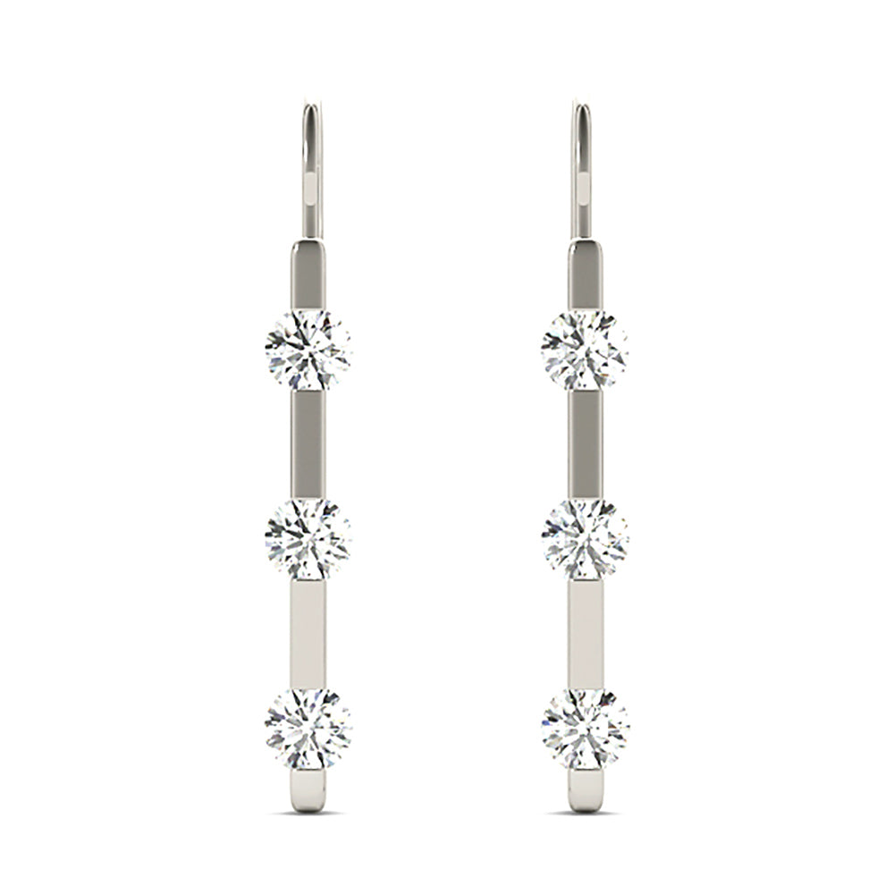 1.00 ctw Bar Set Diamond Three Stone Drop Earrings - 18K Yellow Gold