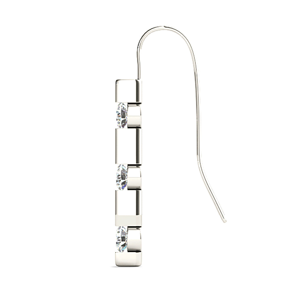 1.00 ctw Bar Set Diamond Three Stone Drop Earrings - 18K White Gold