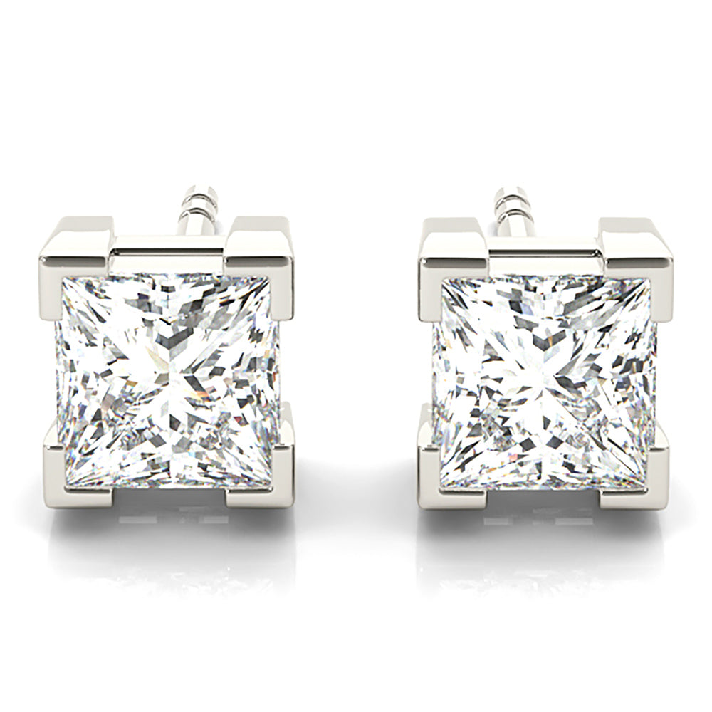 V Prong Princess Cut Diamond Stud Earrings - 1/2 - 18K Yellow Gold