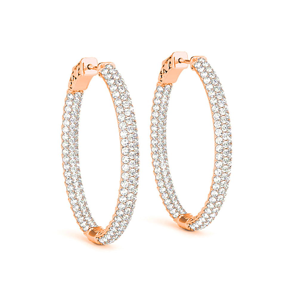Triple Row 4.40 ctw Diamond Pave Hoop Earrings Pave Set Inside-Out - 14K Rose Gold - E-F Color VS1-VS2 Clarity