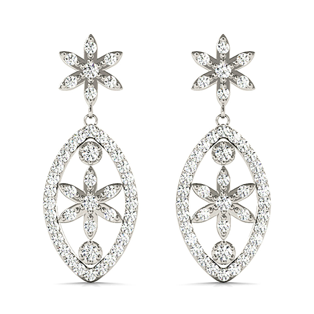 0.50 ctw Diamond Drop Flower Earrings - 18K White Gold