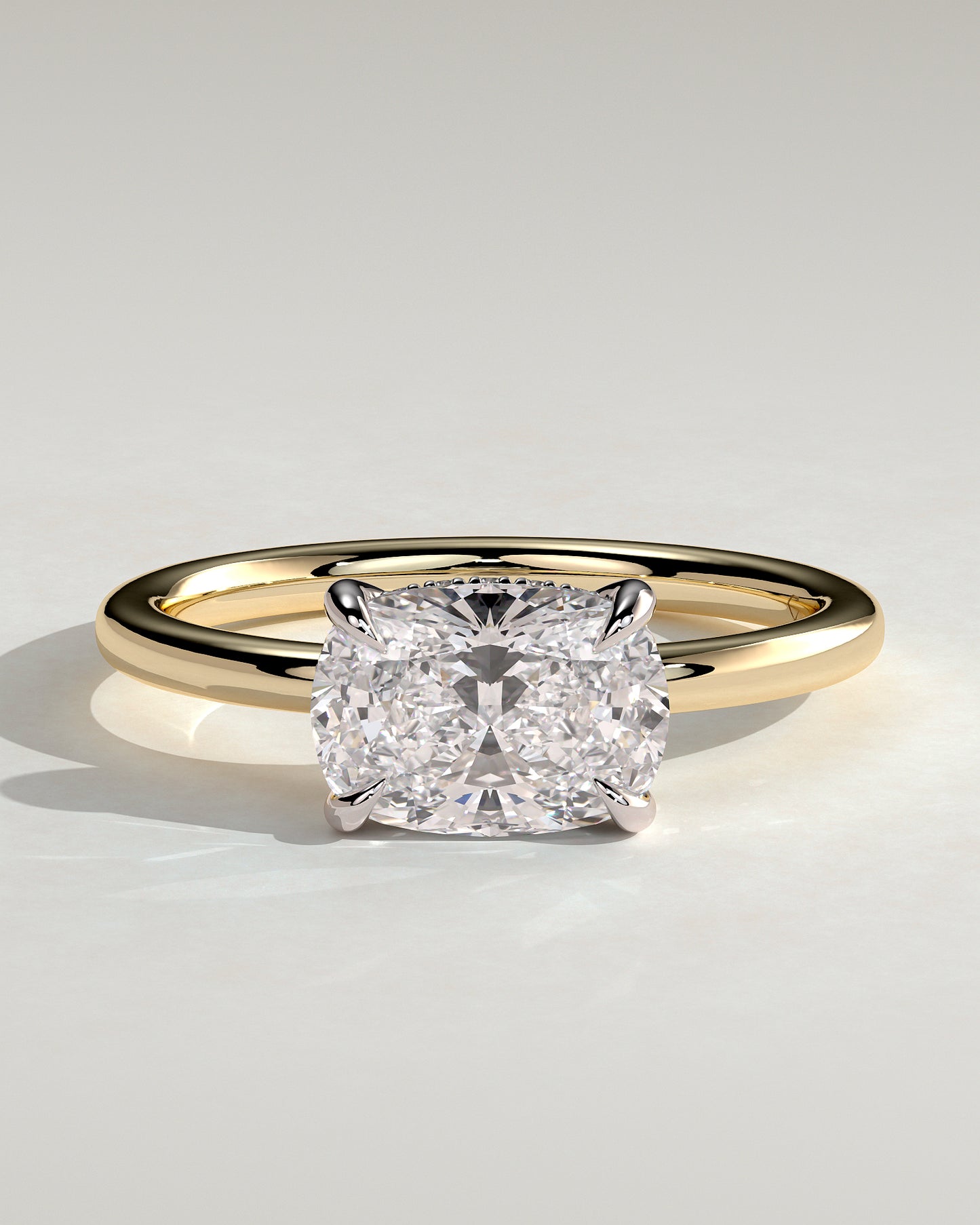 Frida - Elongated Cushion East West Claw Solitaire with Hidden Halo Engagement Ring - Yellow Two-Tone - Yellow Two-Tone 2ct