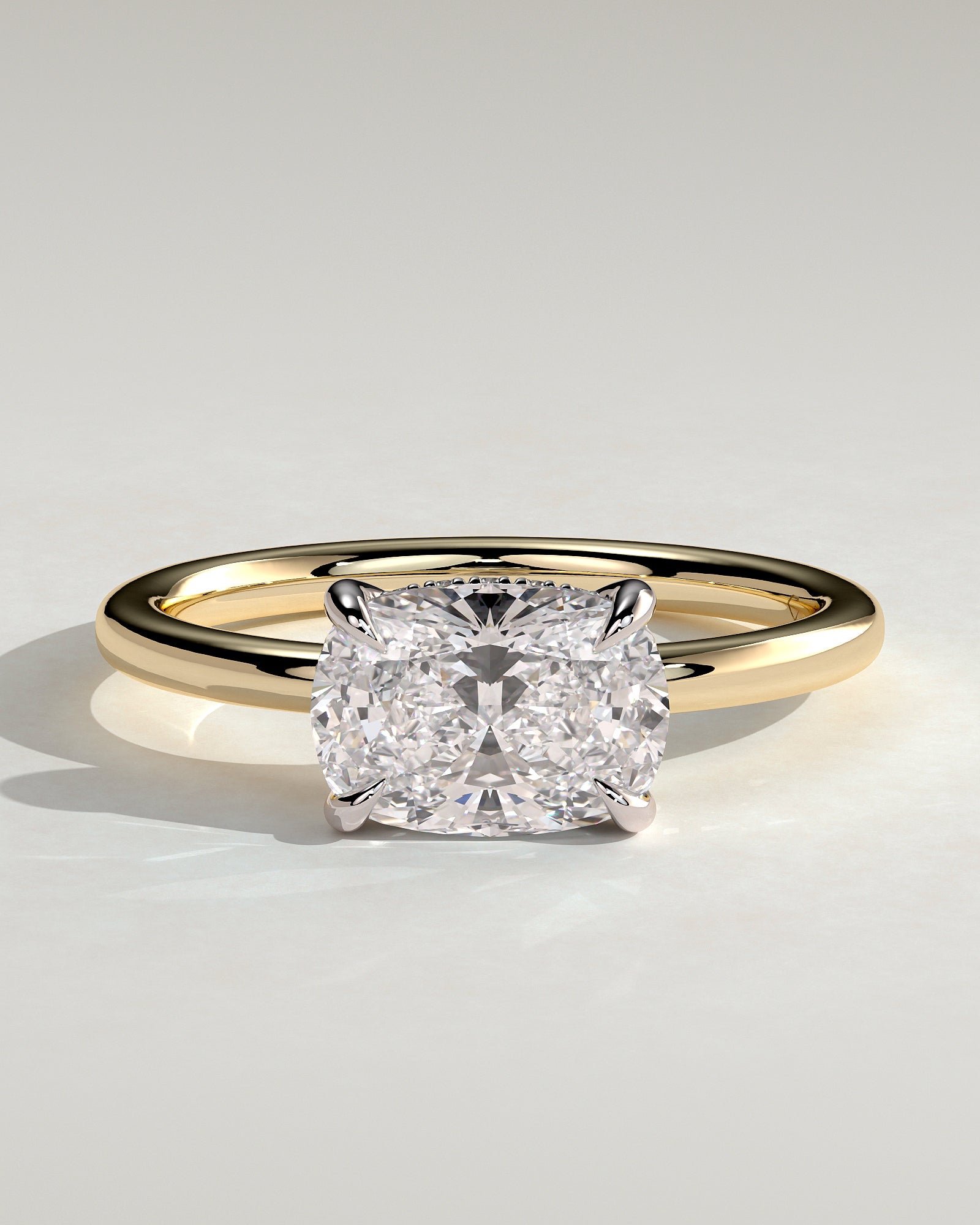 Frida - Elongated Cushion East West Claw Solitaire with Hidden Halo Engagement Ring - Yellow Two-Tone - Yellow Two-Tone 2ct