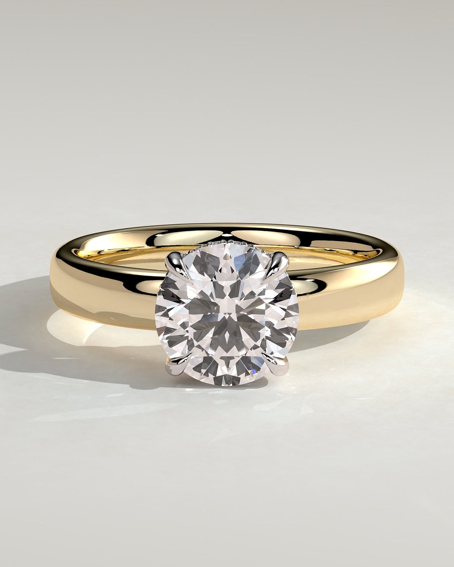 Kylie - Statement Round Claw Solitaire with Cigar Band and Hidden Halo Engagement Ring - Yellow Two-Tone