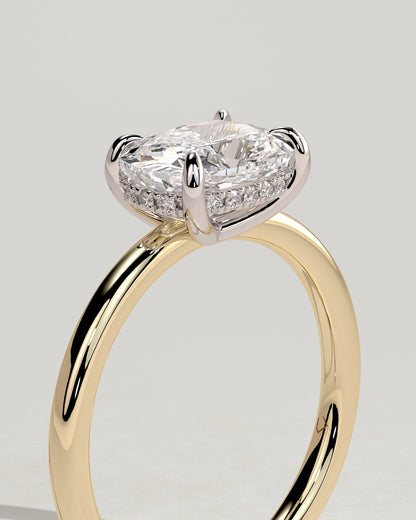 Frida - Elongated Cushion East West Claw Solitaire with Hidden Halo Engagement Ring - Yellow Two-Tone