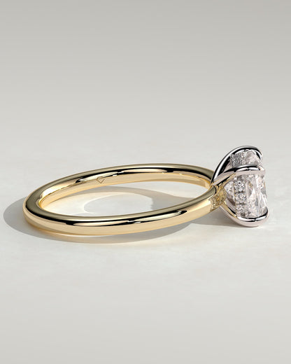 Frida - Elongated Cushion East West Claw Solitaire with Hidden Halo Engagement Ring - Yellow Two-Tone