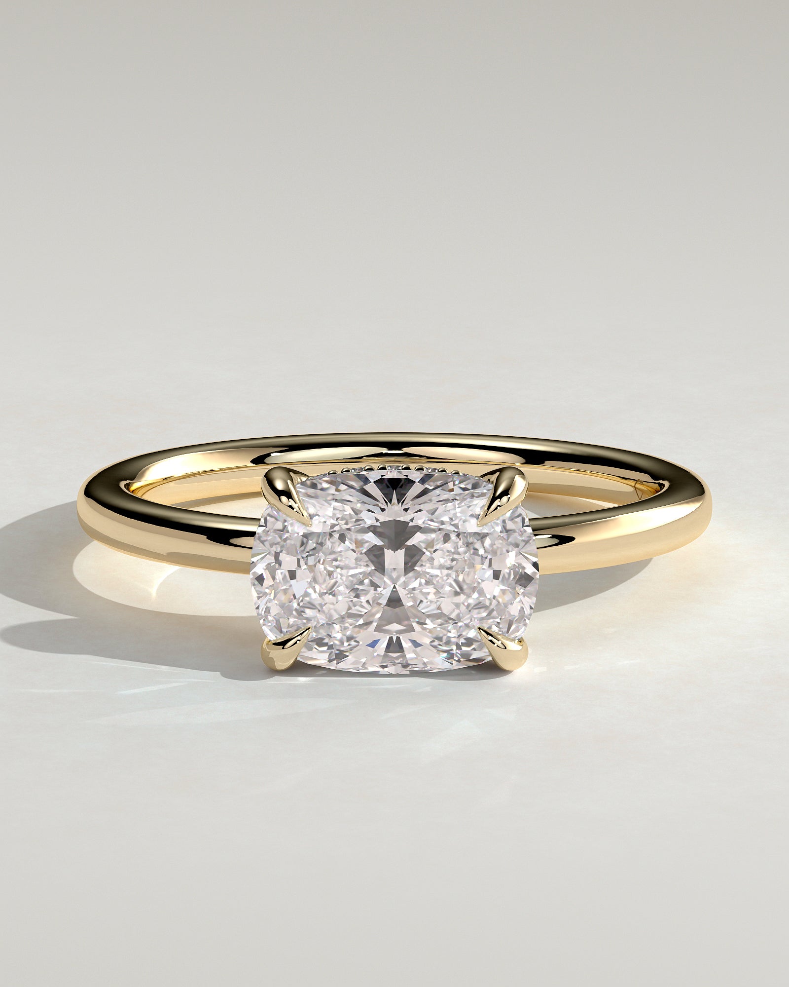 Frida - Elongated Cushion East West Claw Solitaire with Hidden Halo Engagement Ring - Yellow Gold - Yellow Gold 2ct