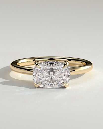 Frida - Elongated Cushion East West Claw Solitaire with Hidden Halo Engagement Ring - Yellow Gold