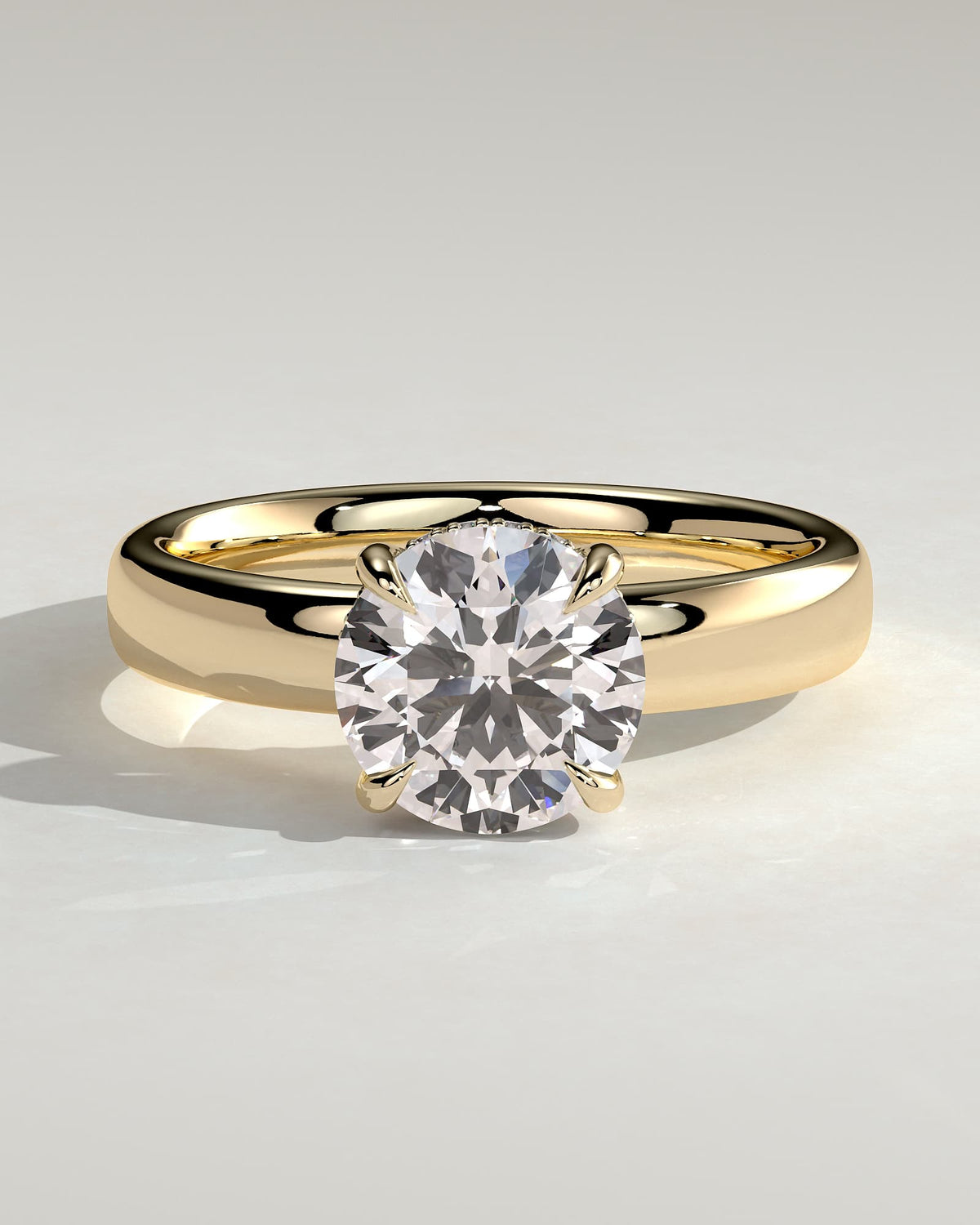 Kylie - Statement Round Claw Solitaire with Cigar Band and Hidden Halo Engagement Ring - Yellow Gold