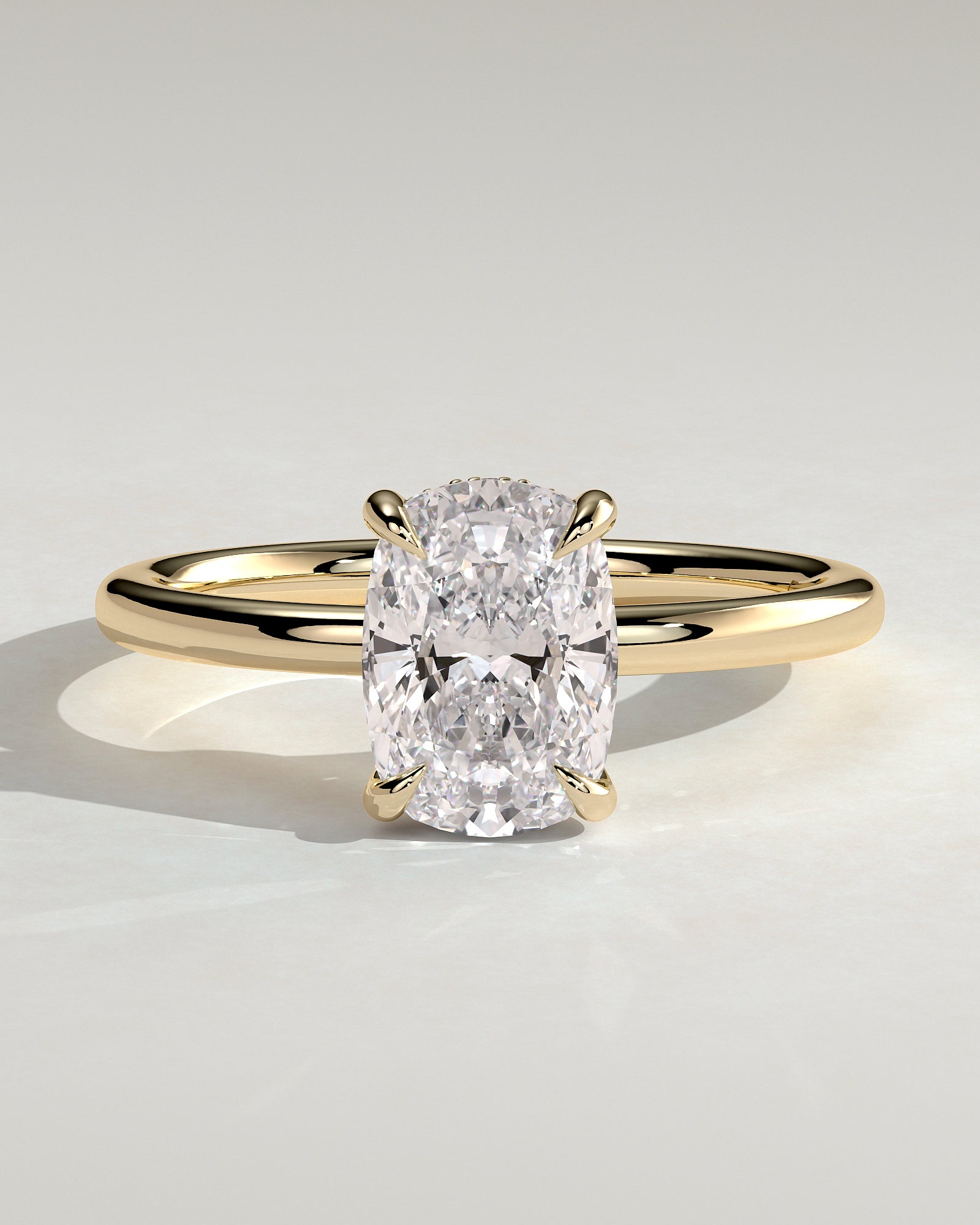 Ava - Elongated Cushion Claw Solitaire with Hidden Halo Engagement Ring - Yellow Gold - Yellow Gold 2ct