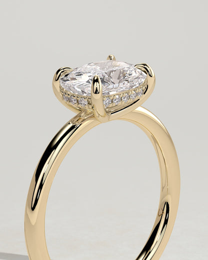 Frida - Elongated Cushion East West Claw Solitaire with Hidden Halo Engagement Ring - Yellow Gold