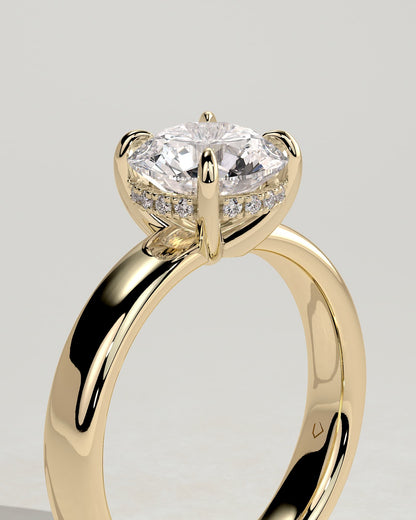 Kylie - Statement Round Claw Solitaire with Cigar Band and Hidden Halo Engagement Ring - Yellow Gold
