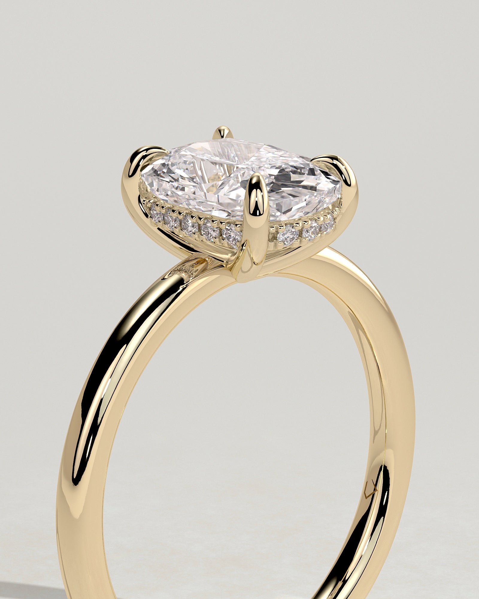Ava - Elongated Cushion Claw Solitaire with Hidden Halo Engagement Ring - Yellow Gold - Yellow Gold 2ct