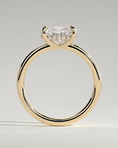 Frida - Elongated Cushion East West Claw Solitaire with Hidden Halo Engagement Ring - Yellow Gold