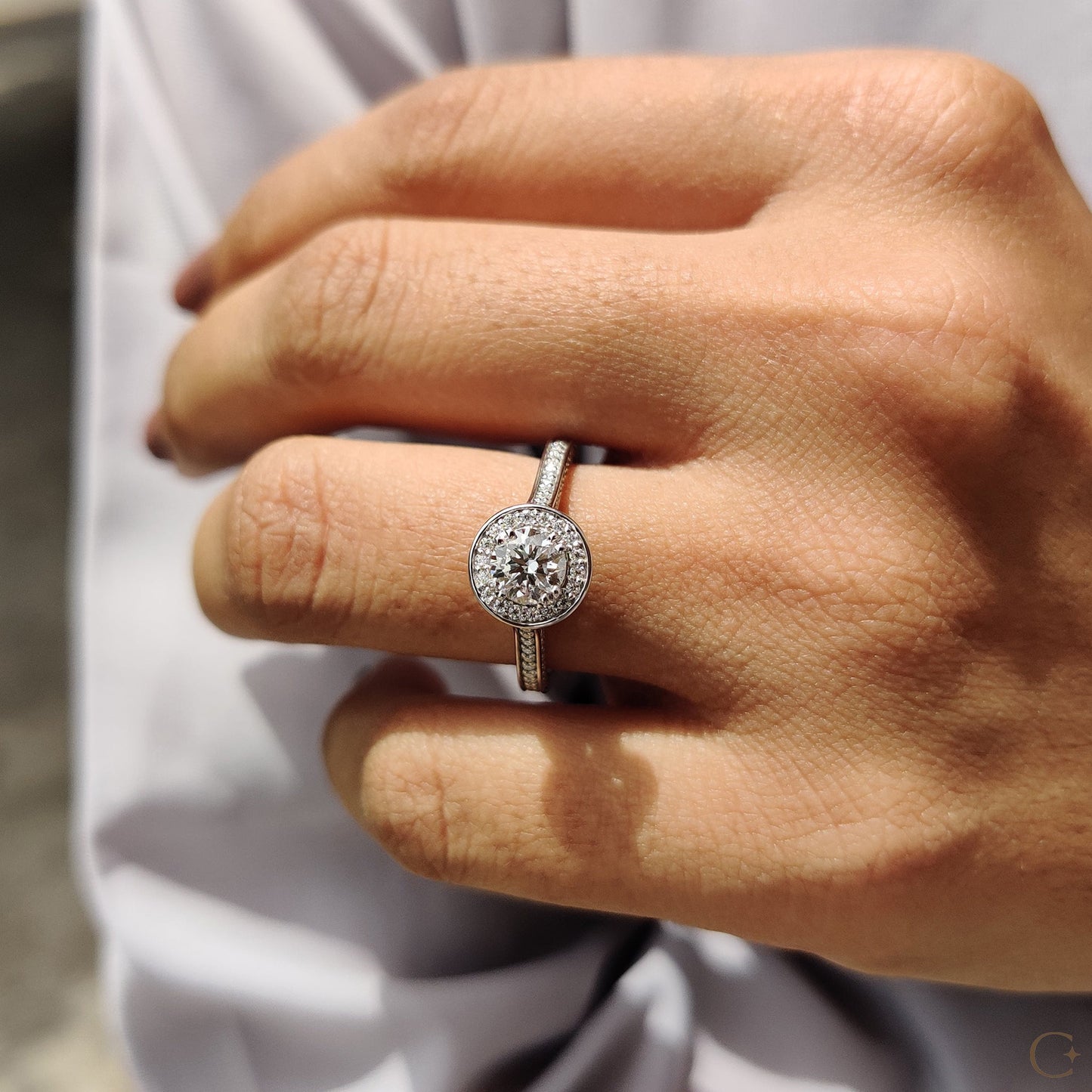 Bezel Halo Engagement Ring with Round Diamond