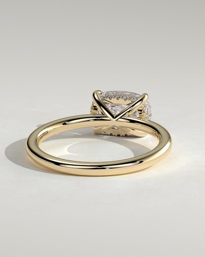 Frida - Elongated Cushion East West Claw Solitaire with Hidden Halo Engagement Ring - Yellow Gold