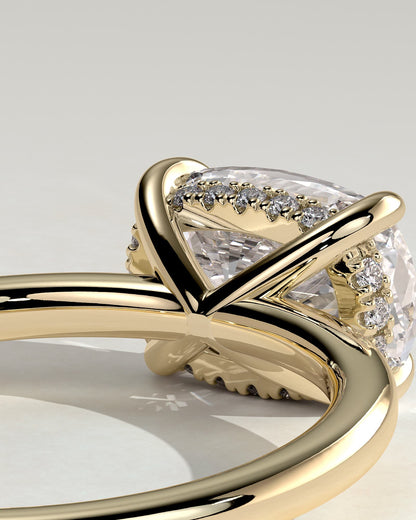 Frida - Elongated Cushion East West Claw Solitaire with Hidden Halo Engagement Ring - Yellow Gold