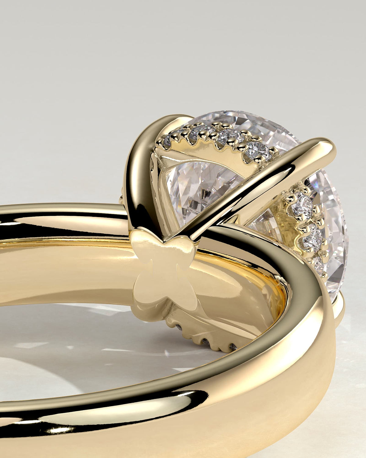 Kylie - Statement Round Claw Solitaire with Cigar Band and Hidden Halo Engagement Ring - Yellow Gold