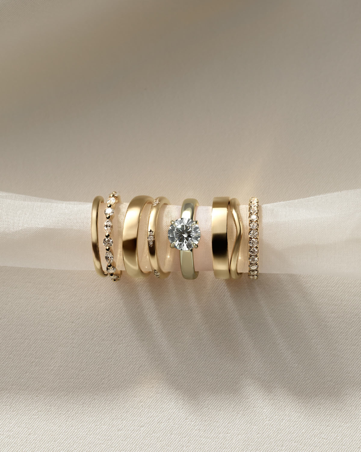 Kylie - Statement Round Claw Solitaire with Cigar Band and Hidden Halo Engagement Ring - Yellow Gold