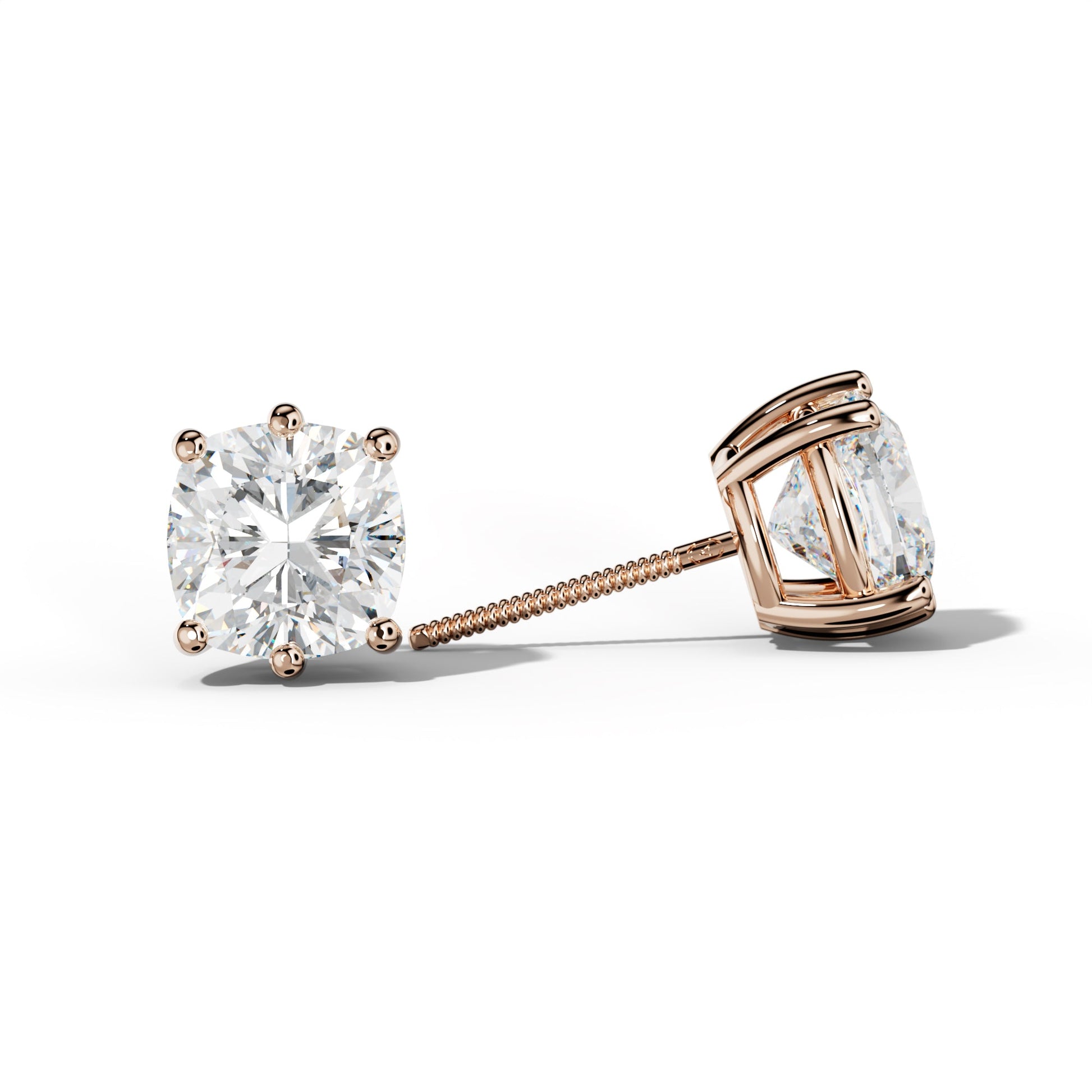 Cushion Diamond Stud Earrings With Classic Six Prongs - 1/2 - 18K Rose Gold