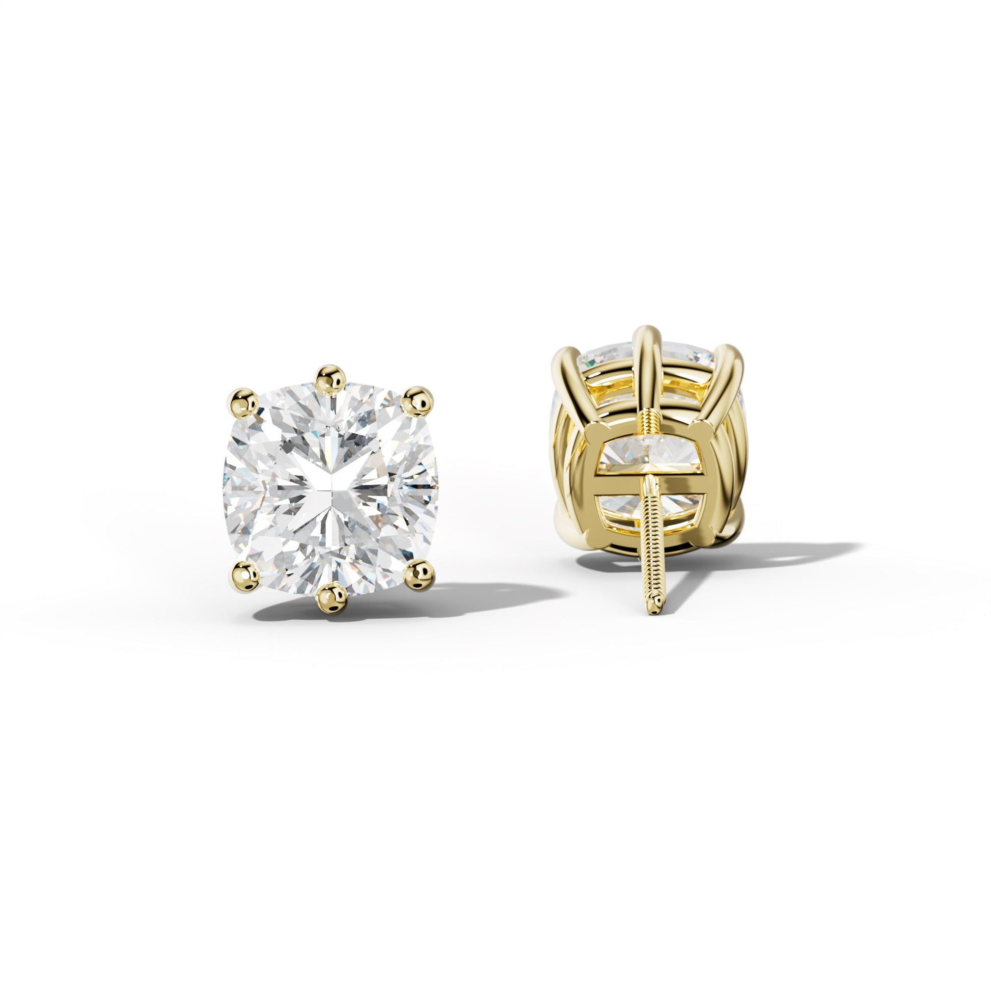 Cushion Diamond Stud Earrings With Classic Six Prongs - 1/2 - 18K Yellow Gold
