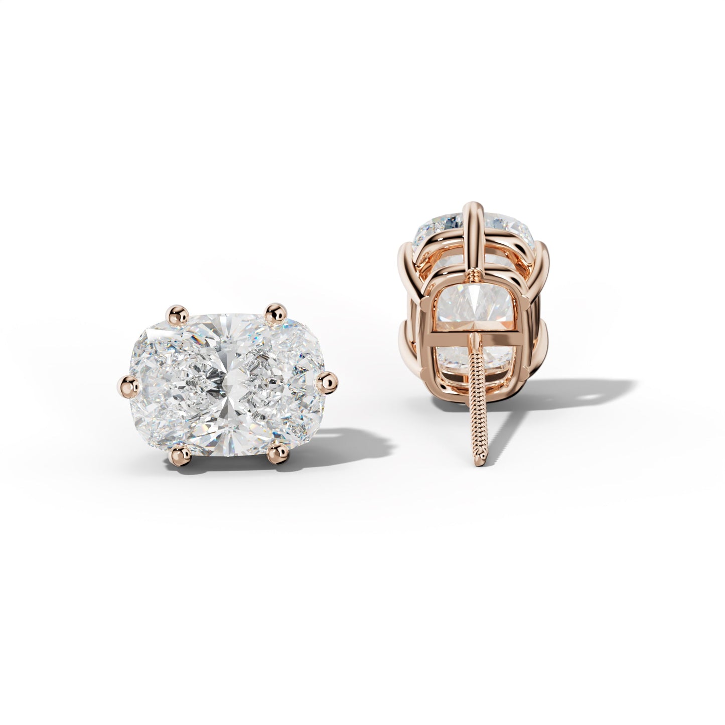 Elongated Cushion Diamond Stud Earrings With Classic Six Prongs - 1/2 - Platinum 950