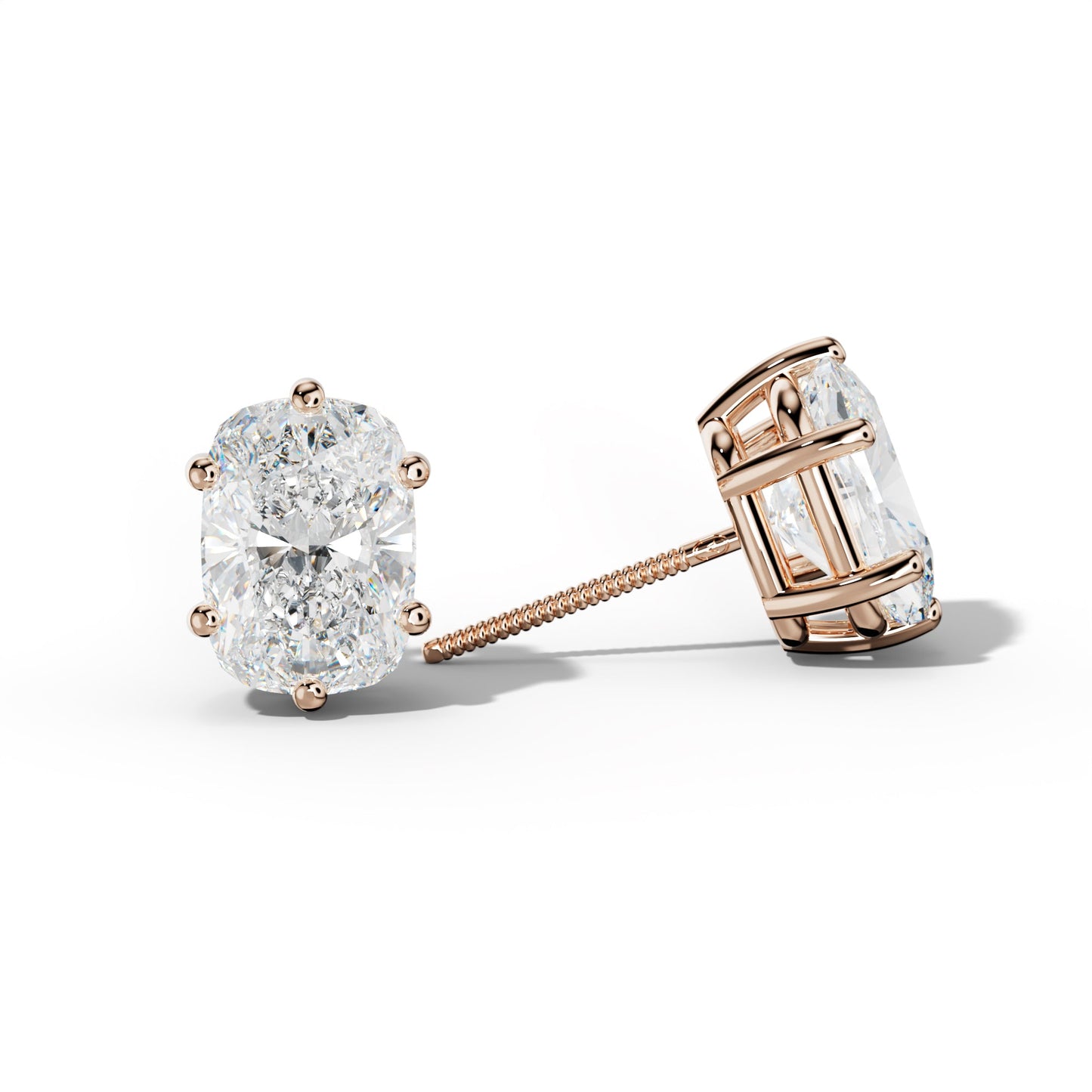 Elongated Cushion Diamond Stud Earrings With Classic Six Prongs - 1/2 - 18K Rose Gold