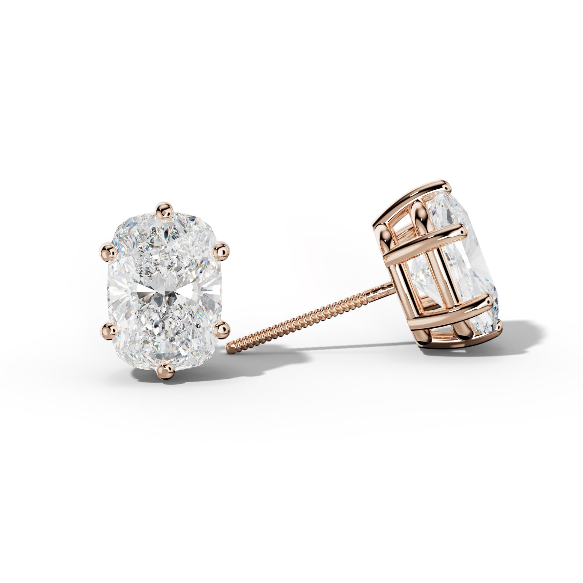 Elongated Cushion Diamond Stud Earrings With Classic Six Prongs - 1/2 - 18K Rose Gold