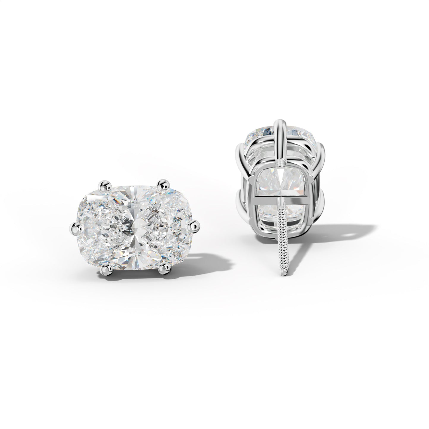 Elongated Cushion Diamond Stud Earrings With Classic Six Prongs - 1/2 - 14K Yellow Gold
