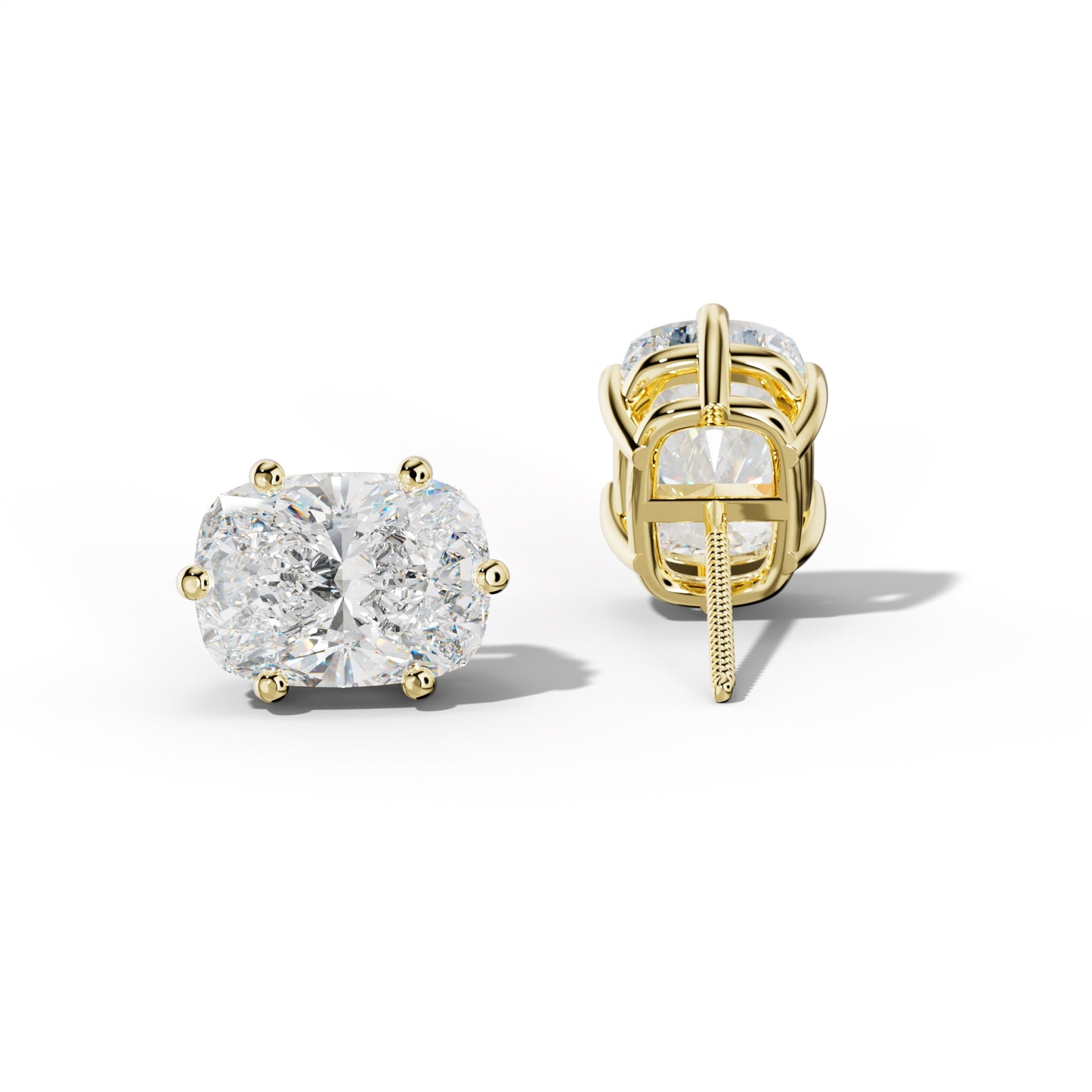 Elongated Cushion Diamond Stud Earrings With Classic Six Prongs - 1/2 - 18K Yellow Gold