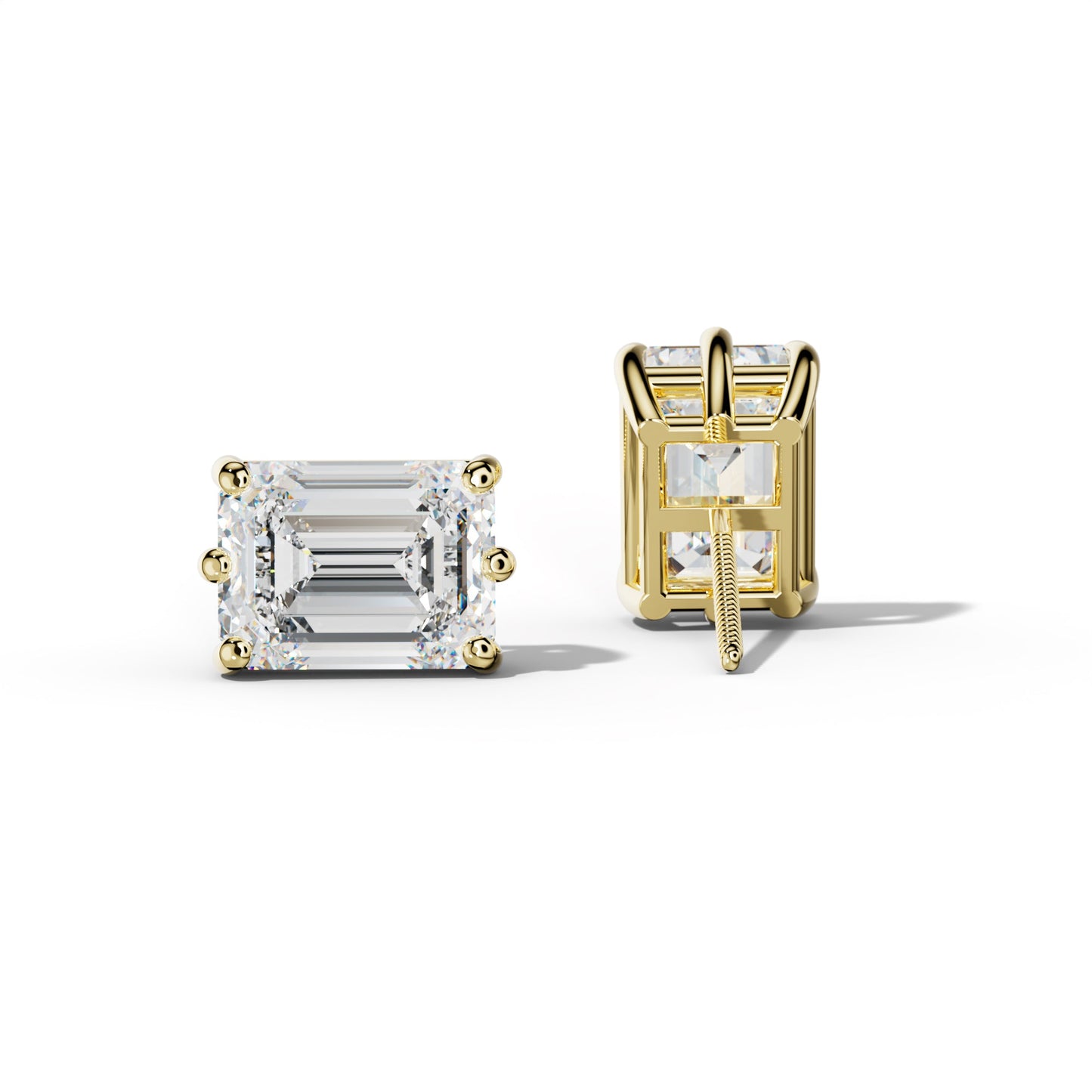 Emerald Cut Diamond Stud Earrings With Classic Six Prongs - 1/2 - 18K Yellow Gold