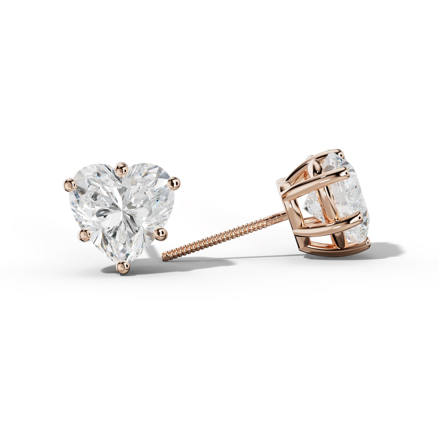Heart  Diamond Stud Earrings With Classic Six Prongs - 1/2 - 18K Rose Gold